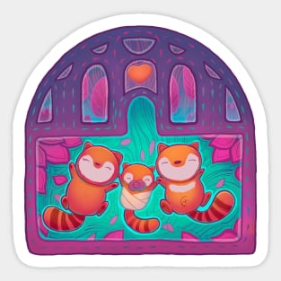 Cozy raccoon family sleeping in the root tree Sticker